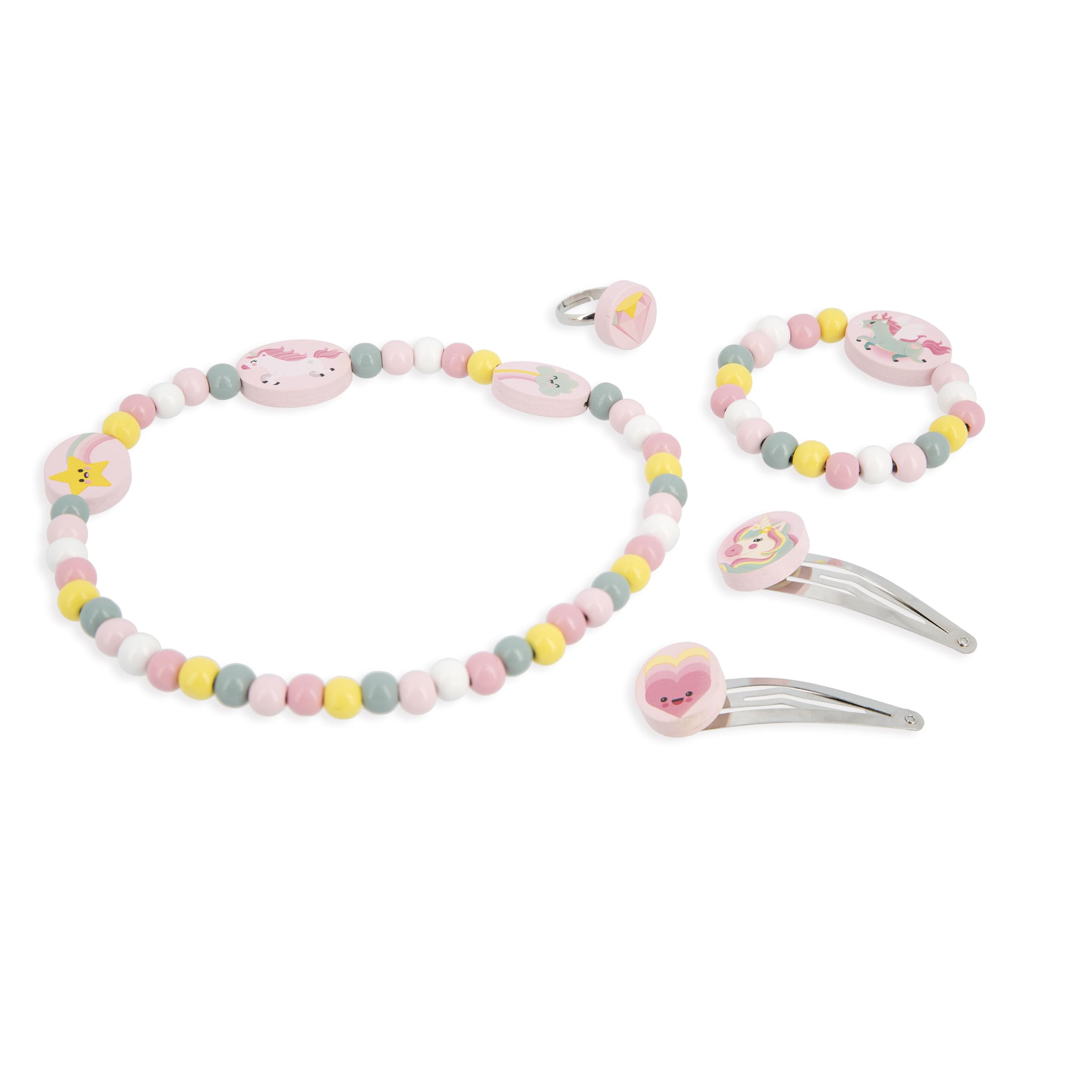 janod-j08880-set-de-5-bijoux-en-bois-licornes-collier-bracelet-bague-barrettes image 2