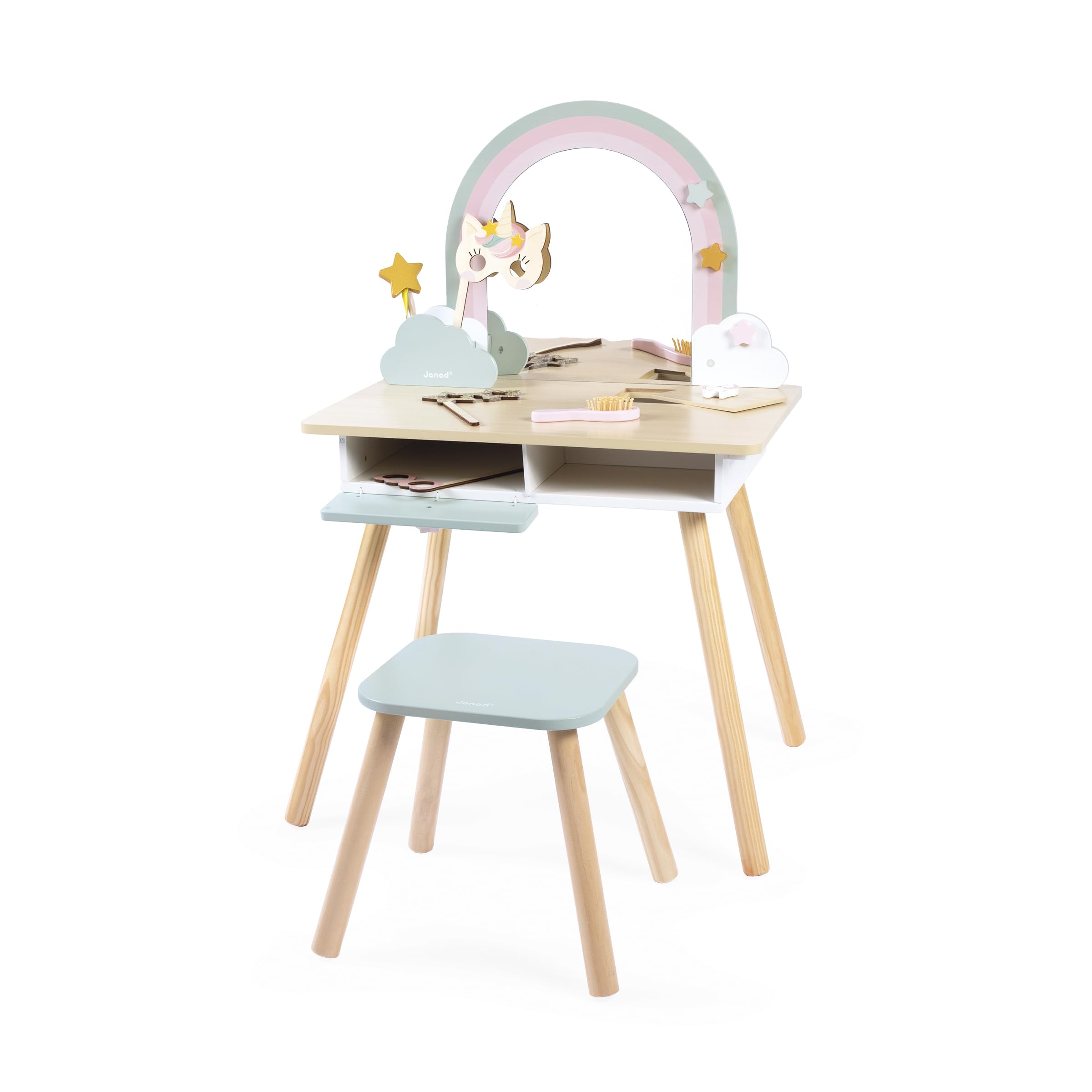 janod-j06464-coiffeuse-enfant-licorne-en-bois-avec-miroir-tabouret-et-10-accesso image 2