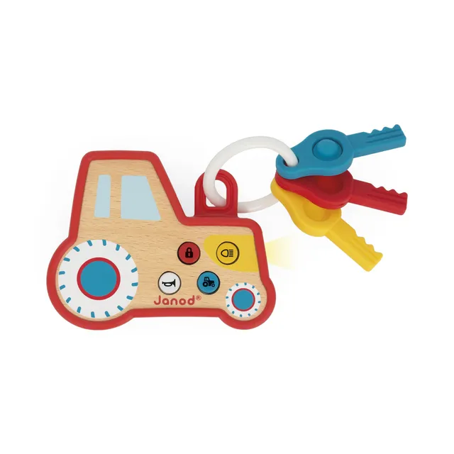 janod-porte-cl-s-hochet-b-b-interactif-tracteur-bois-et-silicone-d-s-18-mois image 1