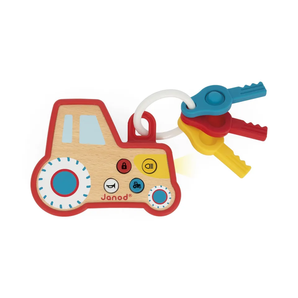 janod-porte-cl-s-hochet-b-b-interactif-tracteur-bois-et-silicone-d-s-18-mois image 1