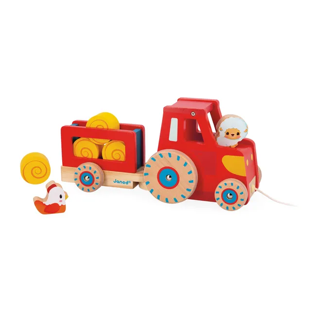 janod-j03317-tracteur-tirer-en-bois-avec-remorque-et-animaux-de-la-ferme image 1