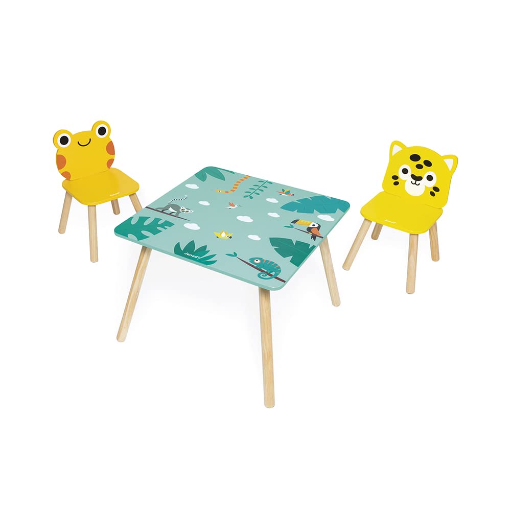 janod-tropik-table-et-2-chaises-en-bois-enfant-grenouille-et-jaguar-j08273 image 2