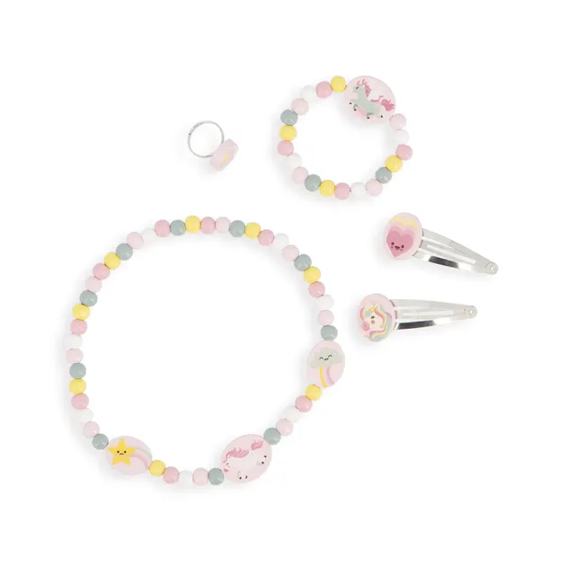 janod-j08880-set-de-5-bijoux-en-bois-licornes-collier-bracelet-bague-barrettes image 1