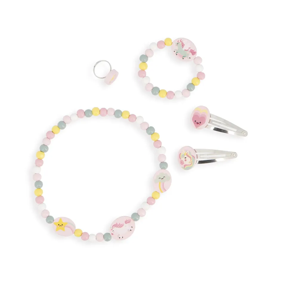janod-j08880-set-de-5-bijoux-en-bois-licornes-collier-bracelet-bague-barrettes image 1