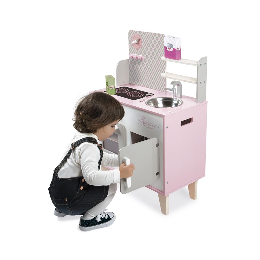 janod-j06567-cuisine-enfant-bois-macaron-rose-et-blanc-frigo-micro-ondes image 6
