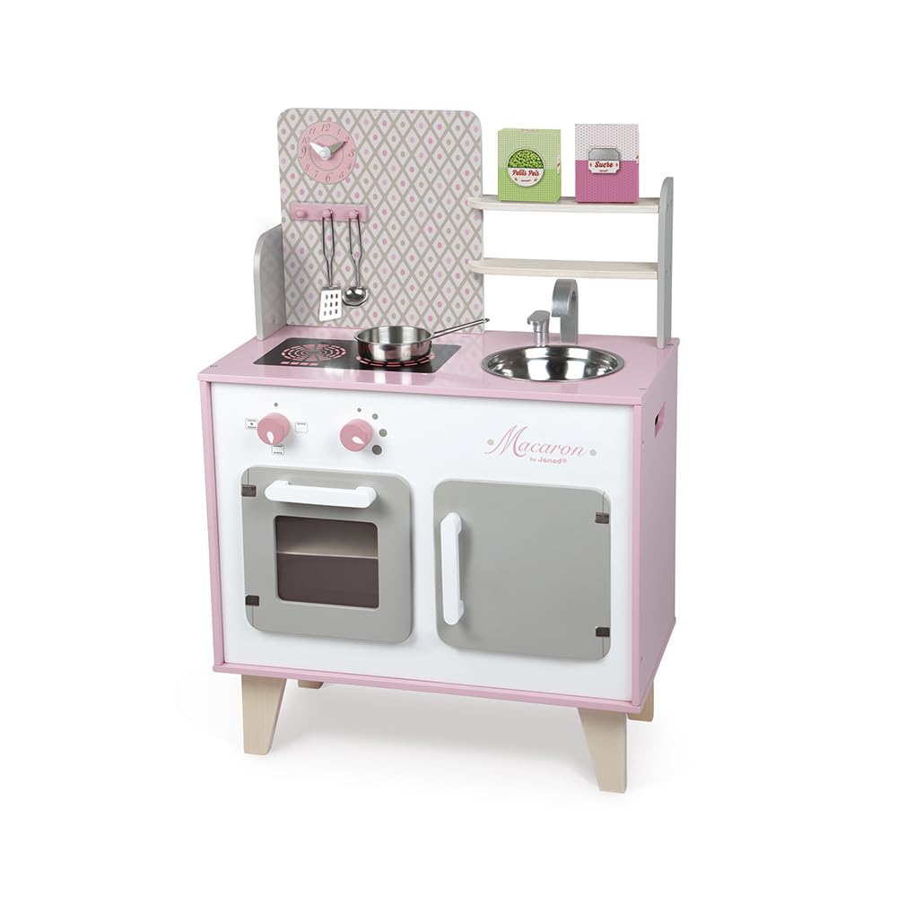 janod-j06567-cuisine-enfant-bois-macaron-rose-et-blanc-frigo-micro-ondes image 2