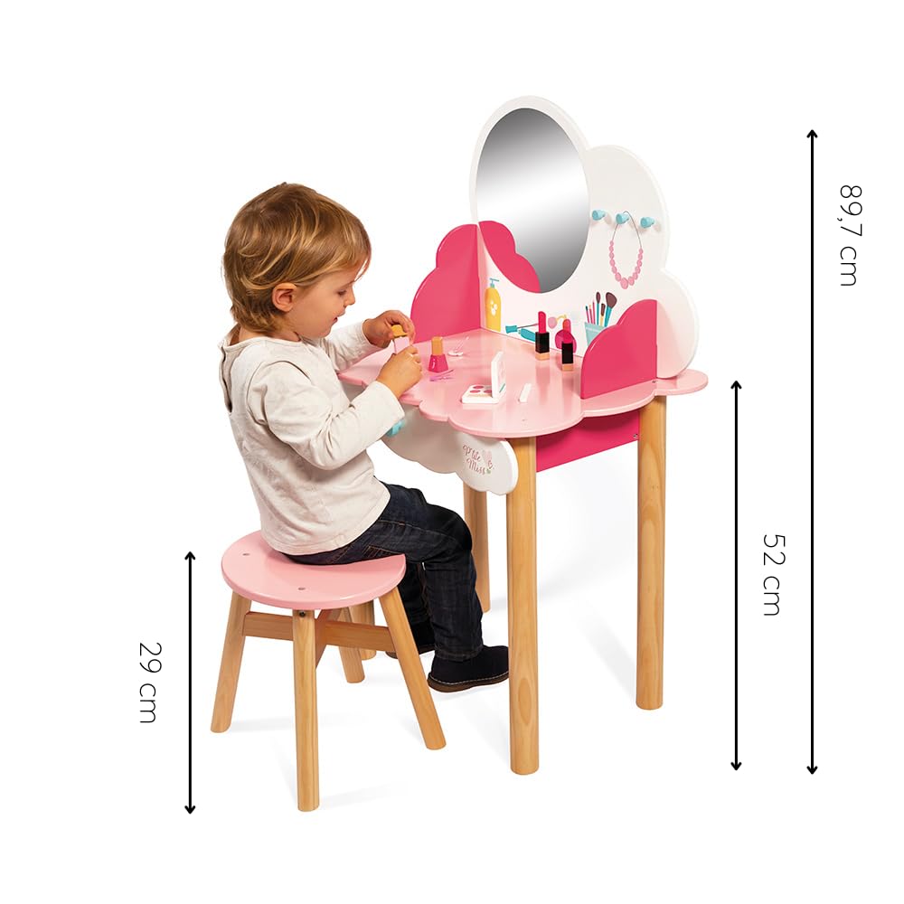 janod-coiffeuse-enfant-bois-p-tite-miss-j06553-rose-et-blanc-tabouret image 3