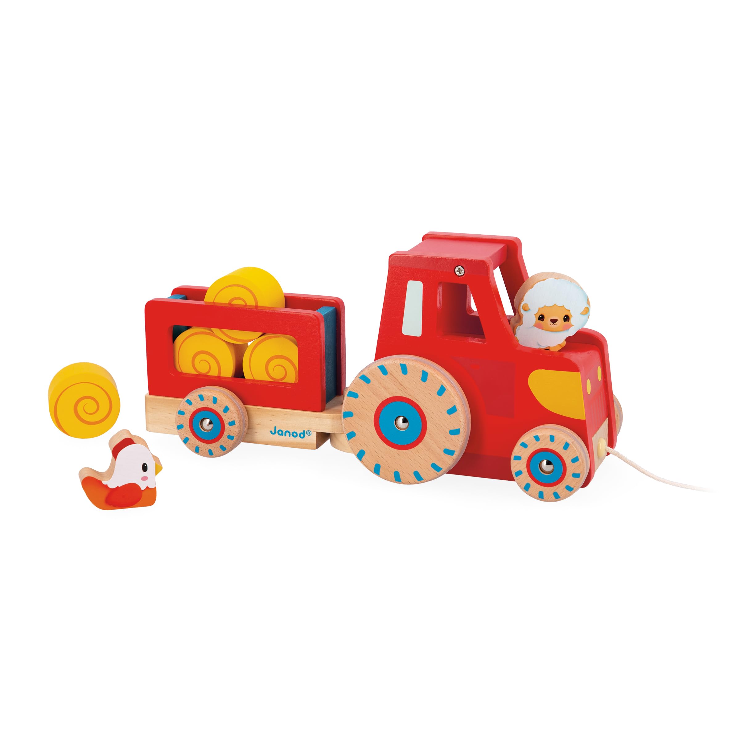 janod-j03317-tracteur-tirer-en-bois-avec-remorque-et-animaux-de-la-ferme image 1