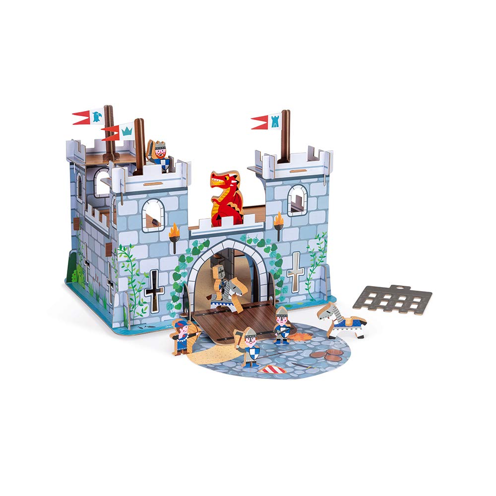 janod-j08582-ch-teau-fort-story-coffret-8-figurines-bois-chevaliers-et-dragon image 1