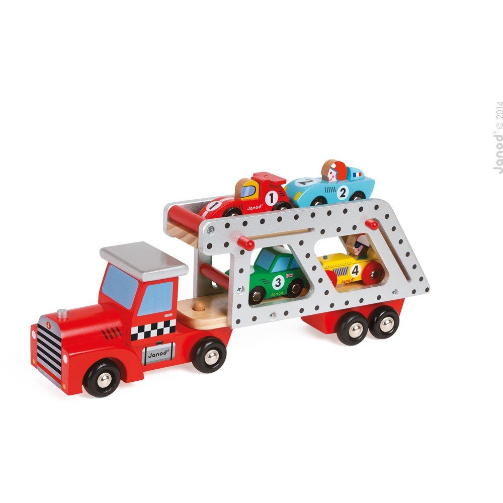 janod-camion-transporteur-j08572-story-camion-bois-4-voitures-racing image 2