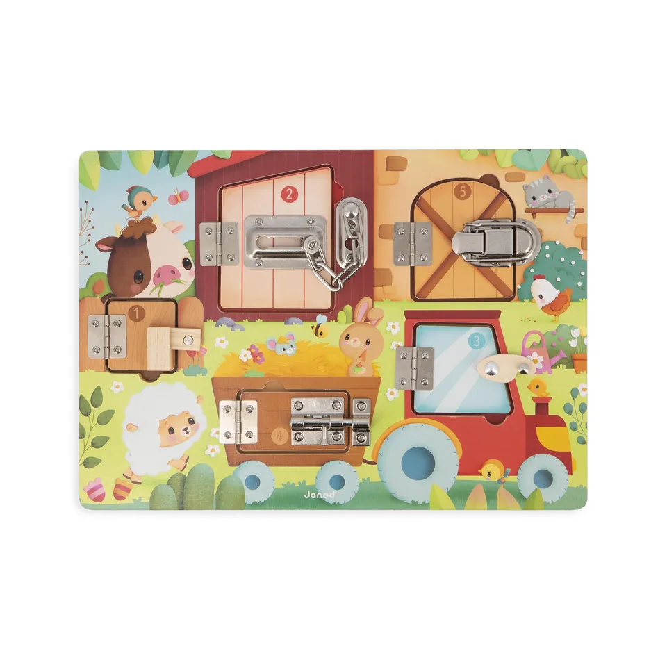 janod-planche-cadenas-la-ferme-busy-board-en-bois-5-ouvertures image 1