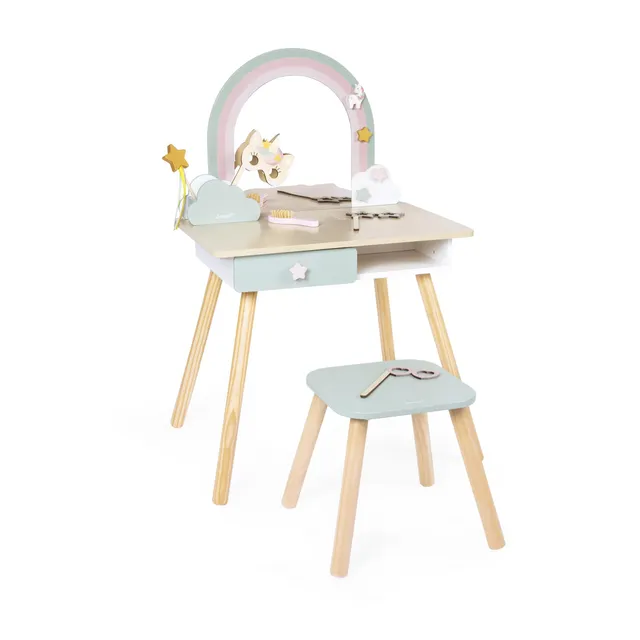 janod-j06464-coiffeuse-enfant-licorne-en-bois-avec-miroir-tabouret-et-10-accesso image 1