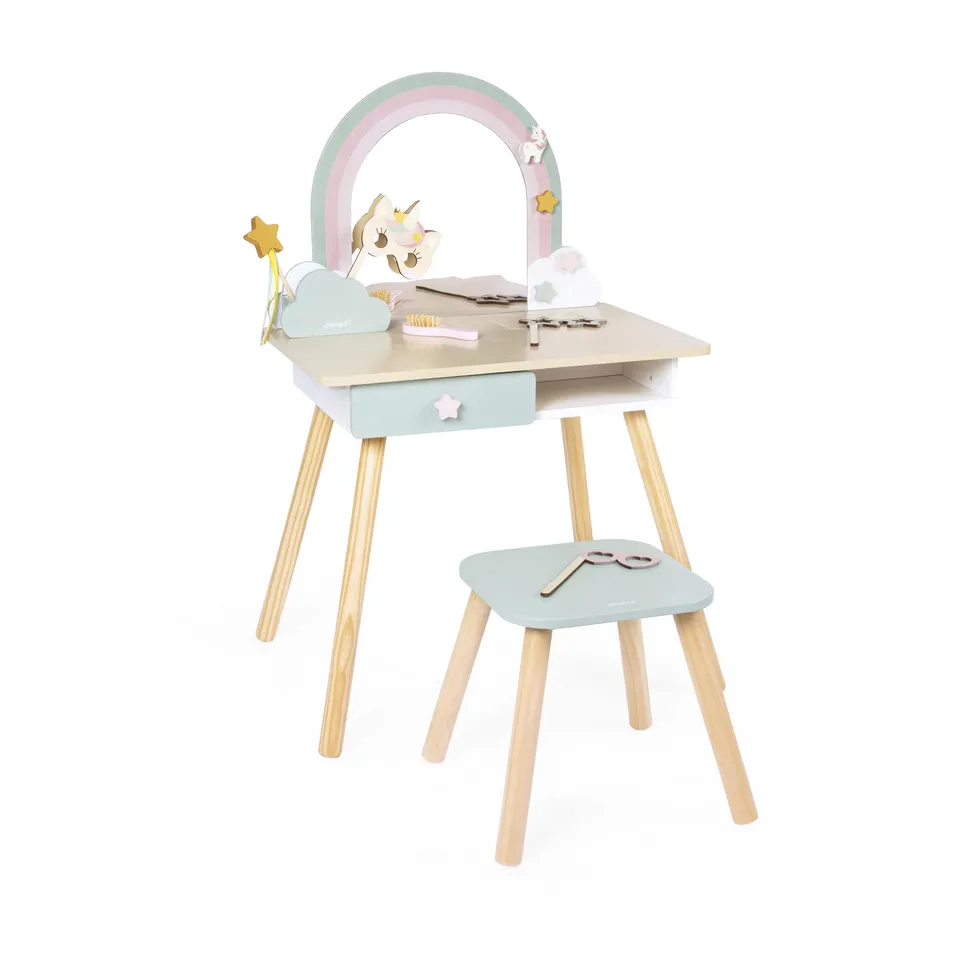 janod-j06464-coiffeuse-enfant-licorne-en-bois-avec-miroir-tabouret-et-10-accesso image 1