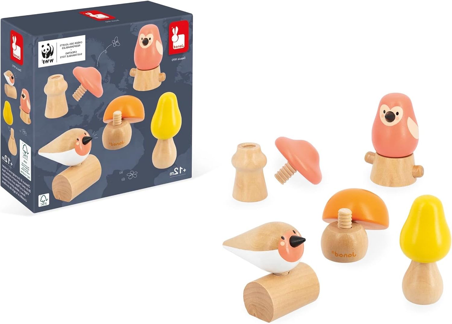 janod-wwf-j08643-2-oiseaux-et-3-champignons-visser-en-bois-d-s-18-mois image 1