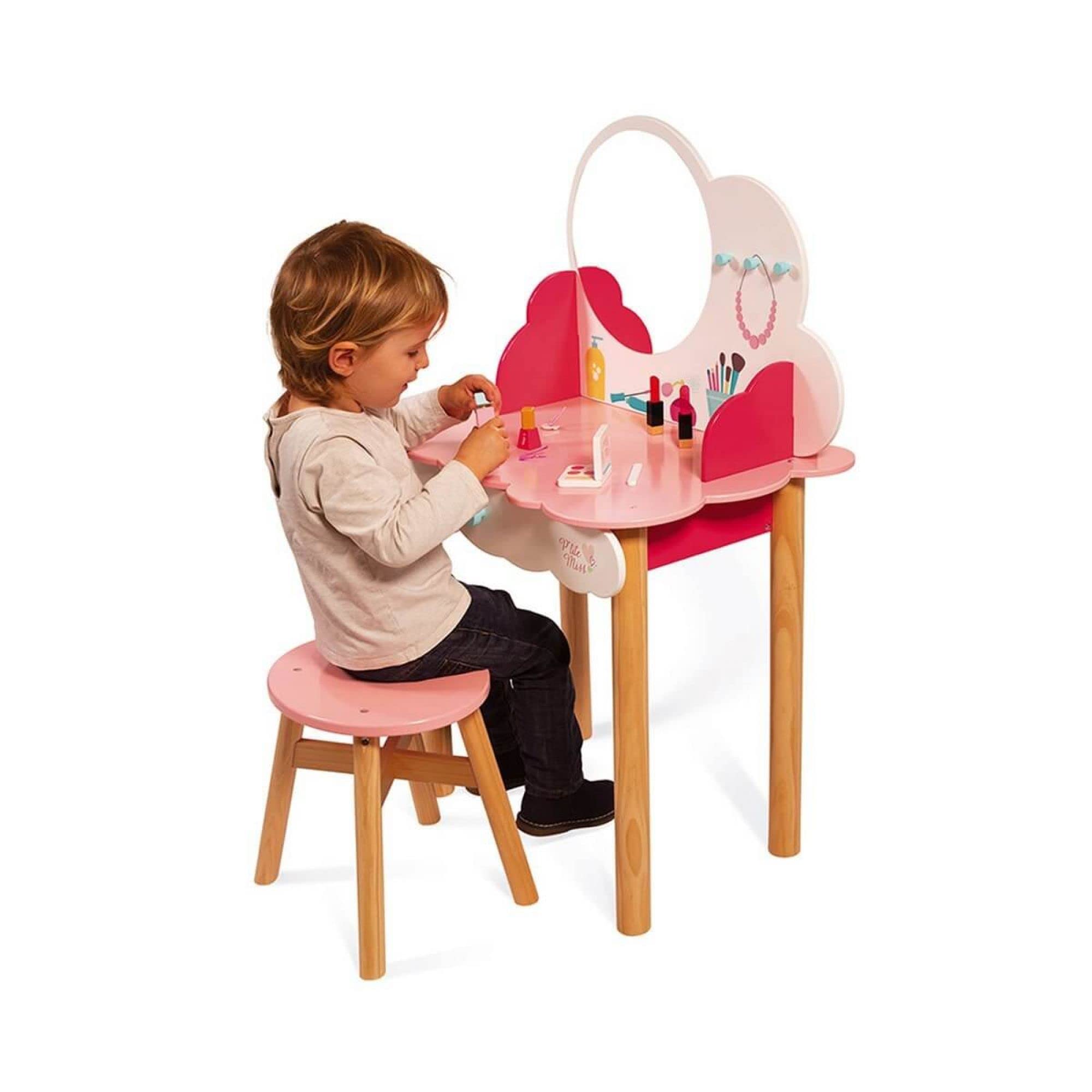 janod-coiffeuse-enfant-bois-p-tite-miss-j06553-rose-et-blanc-tabouret image 4