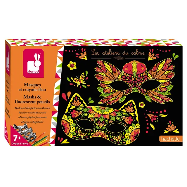 janod-les-ateliers-du-calme-j07944-coffret-3-masques-et-crayons-fluo-d-corer image 1