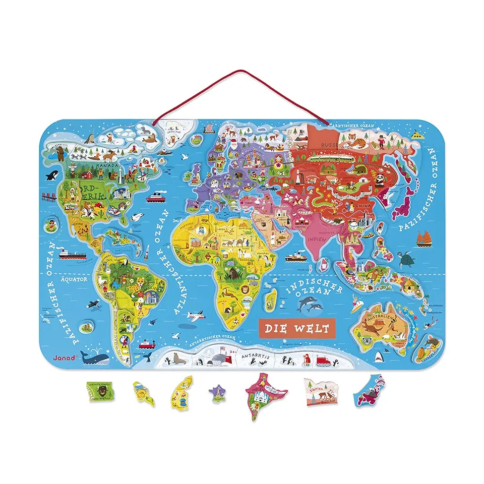 janod-puzzle-carte-du-monde-magn-tique-en-bois-92-magnets-version-allemande image 1