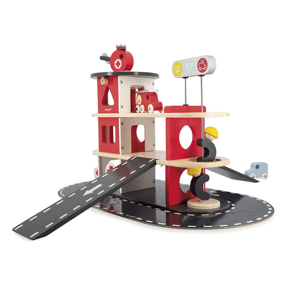 janod-bolid-caserne-de-pompiers-en-bois-4-niveaux-5-v-hicules-j04639 image 2