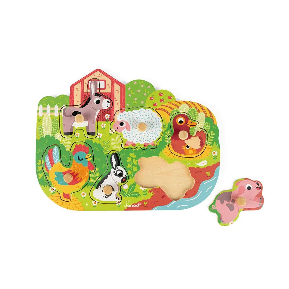janod-puzzle-encastrement-en-bois-happy-farm-j07096-6-pi-ces-tenons-d-s-18-mois image 1