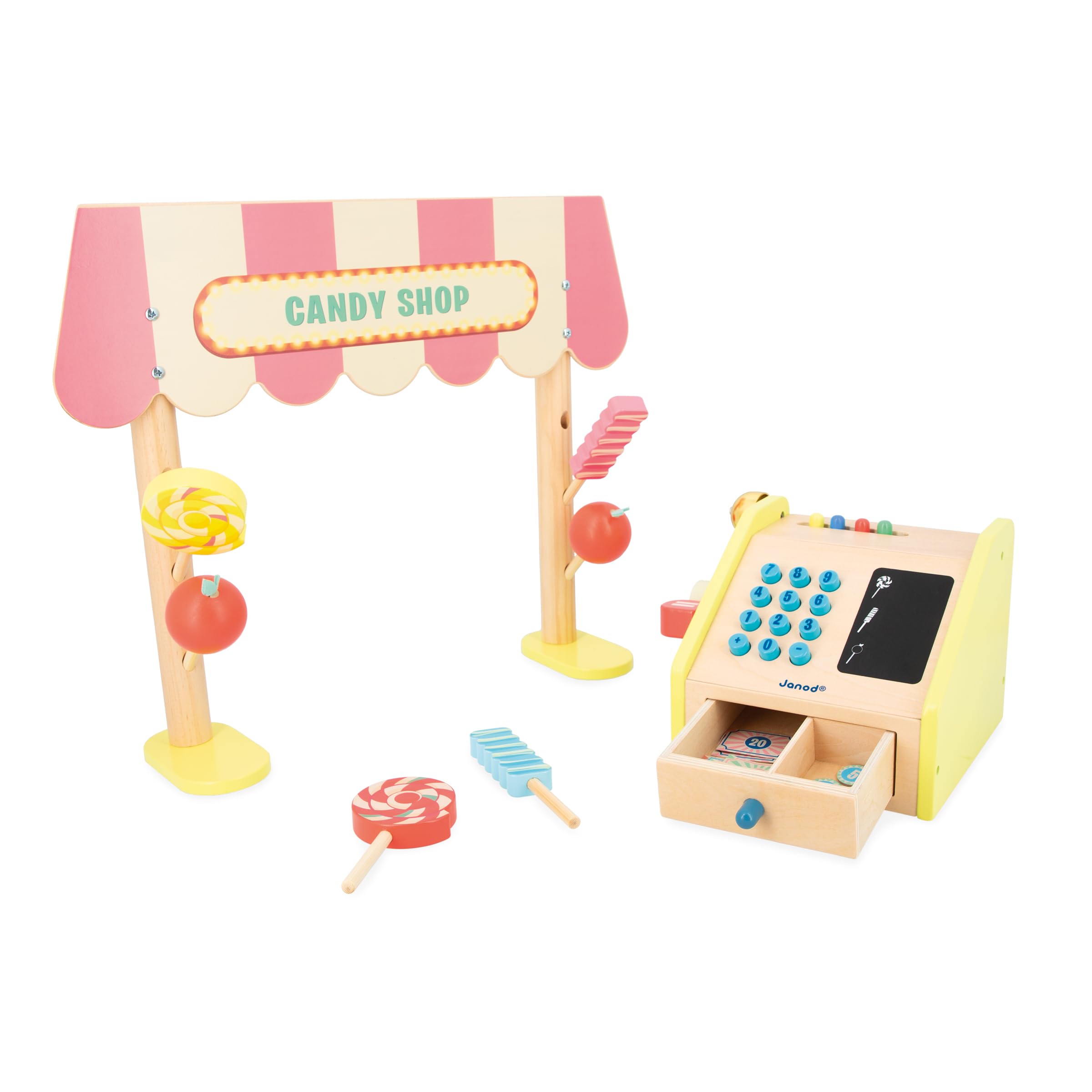 janod-applepop-j03350-marchande-bonbons-enfant-en-bois-avec-caisse-enregistreuse image 2