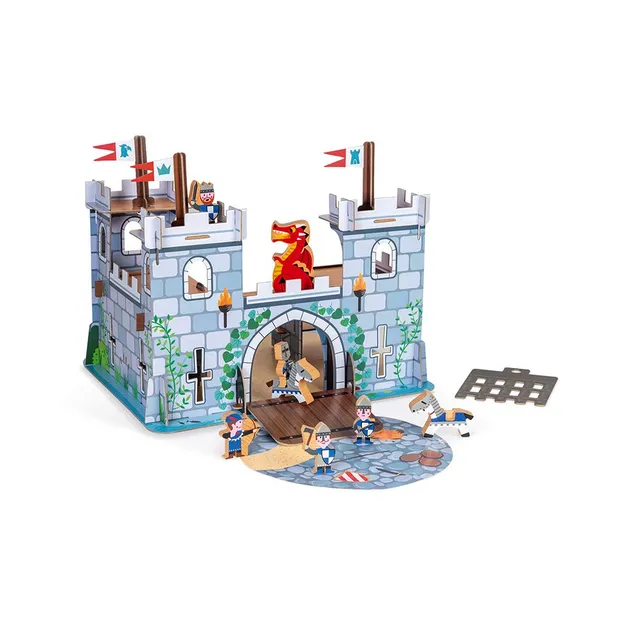 janod-j08582-ch-teau-fort-story-coffret-8-figurines-bois-chevaliers-et-dragon image 1