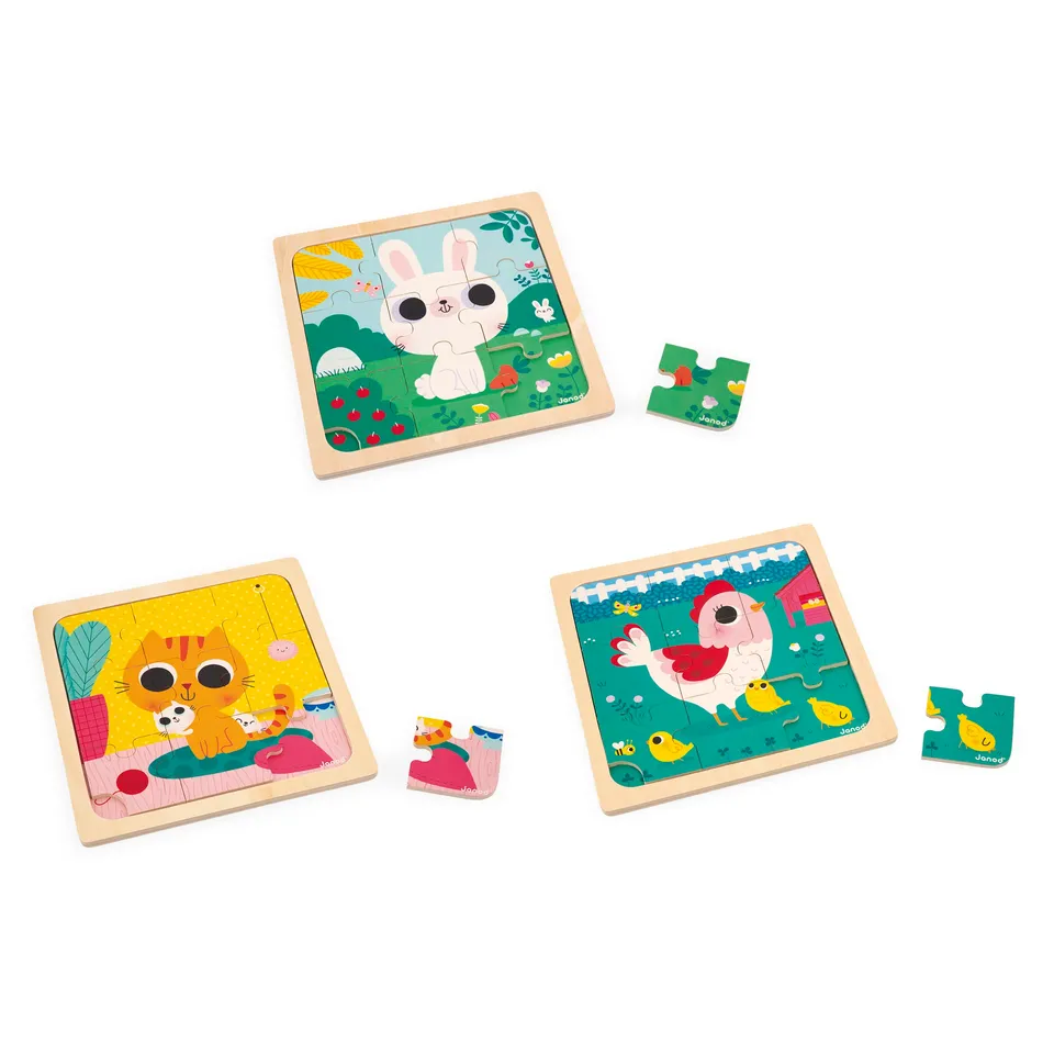 janod-3-puzzles-en-bois-9-pi-ces-animaux-j07113-poule-chat-lapin image 1