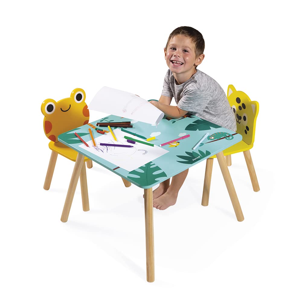 janod-tropik-table-et-2-chaises-en-bois-enfant-grenouille-et-jaguar-j08273 image 4