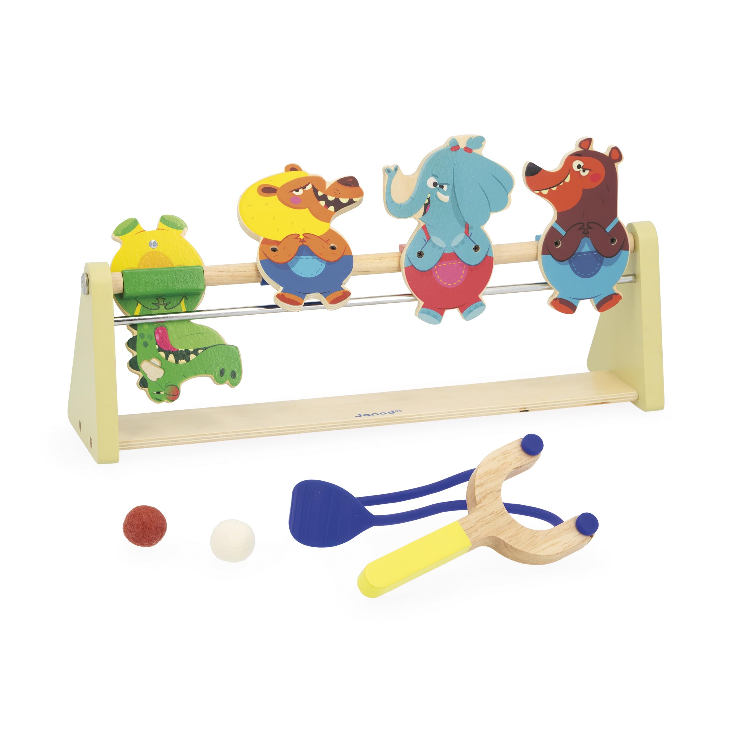 janod-stand-de-tir-enfant-bois-j03372-4-animaux-lanceur-2-balles image 1