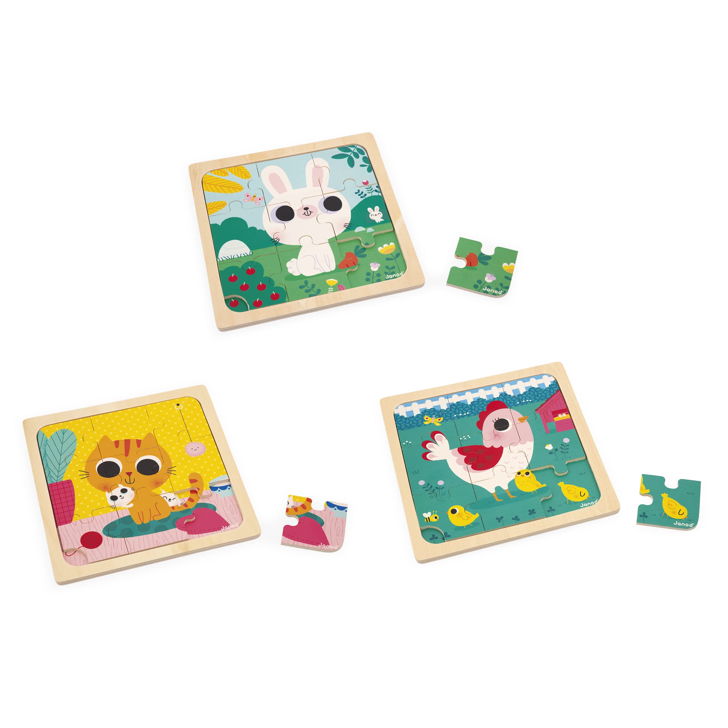 janod-3-puzzles-en-bois-9-pi-ces-animaux-j07113-poule-chat-lapin image 1