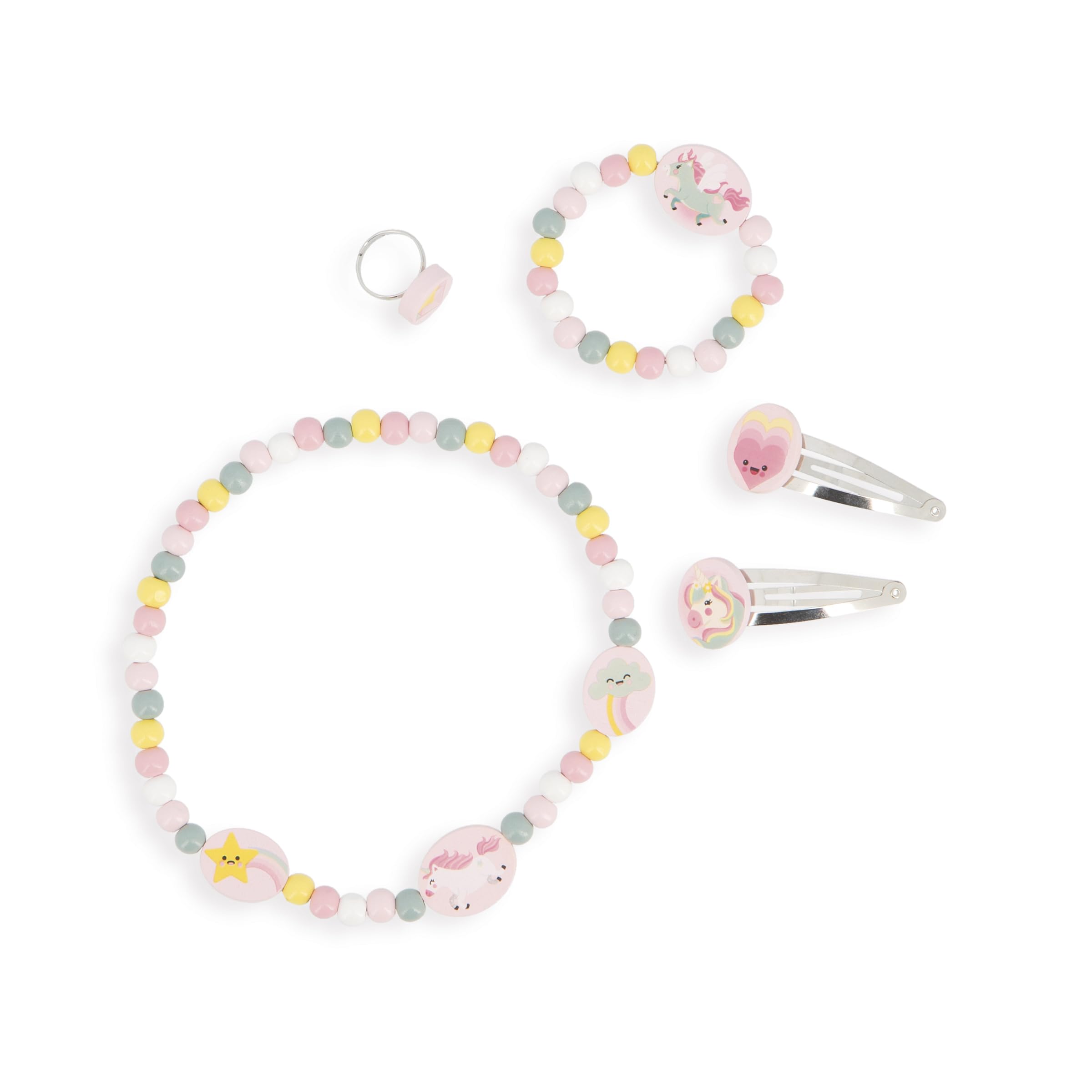 janod-j08880-set-de-5-bijoux-en-bois-licornes-collier-bracelet-bague-barrettes image 1