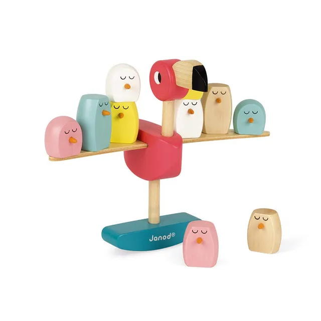janod-zigolos-j08230-jeu-d-quilibre-en-bois-flamant-rose-avec-10-poussins image 1