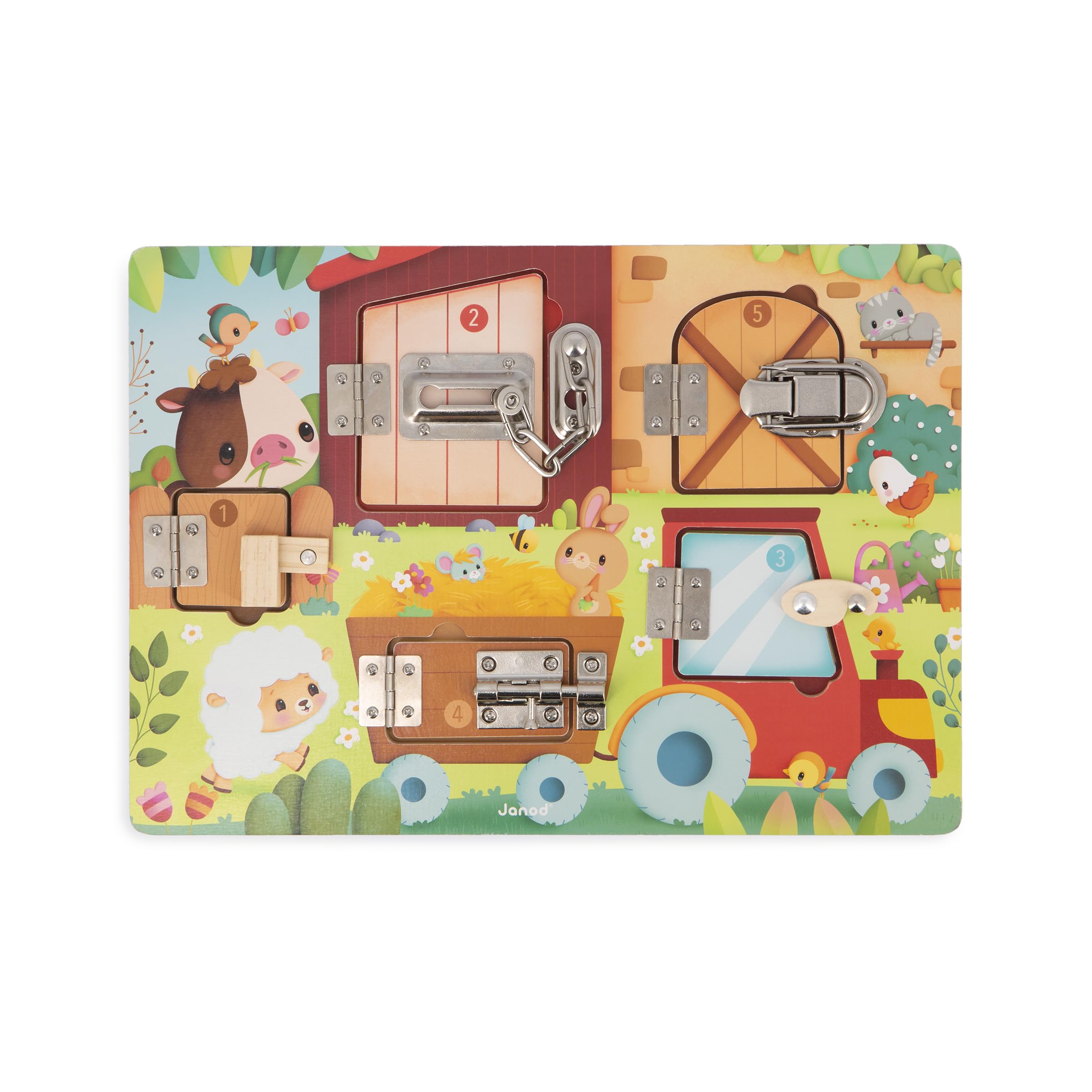 janod-planche-cadenas-la-ferme-busy-board-en-bois-5-ouvertures image 1
