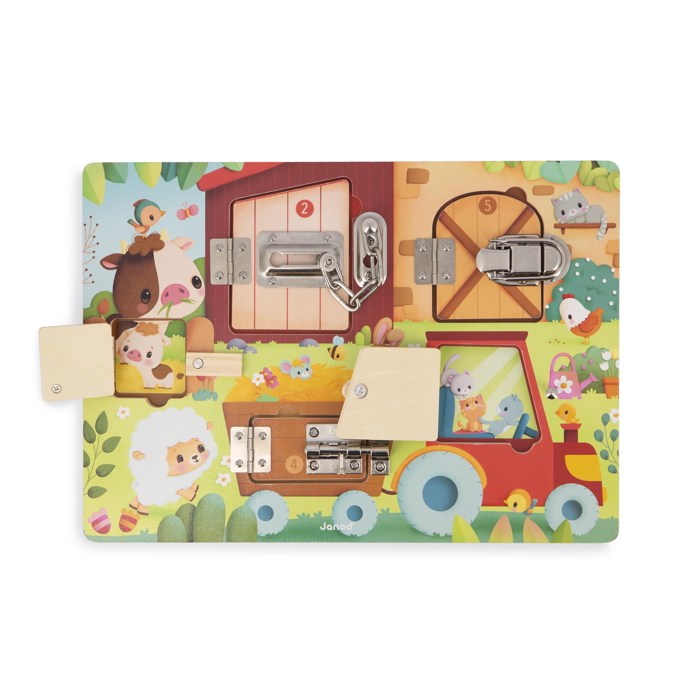 janod-planche-cadenas-la-ferme-busy-board-en-bois-5-ouvertures image 2
