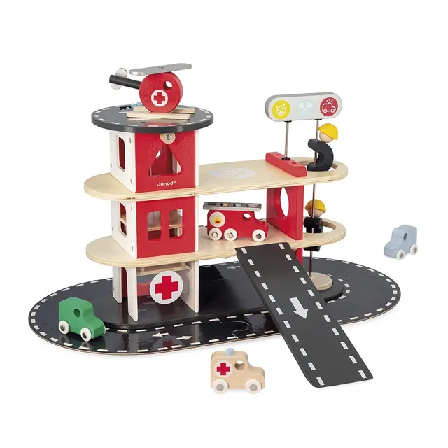 janod-bolid-caserne-de-pompiers-en-bois-4-niveaux-5-v-hicules-j04639 image 1