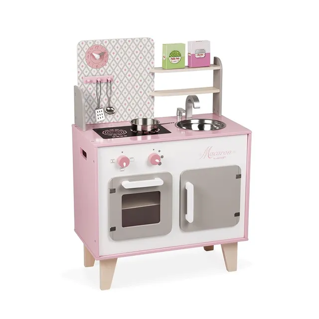janod-j06567-cuisine-enfant-bois-macaron-rose-et-blanc-frigo-micro-ondes image 1