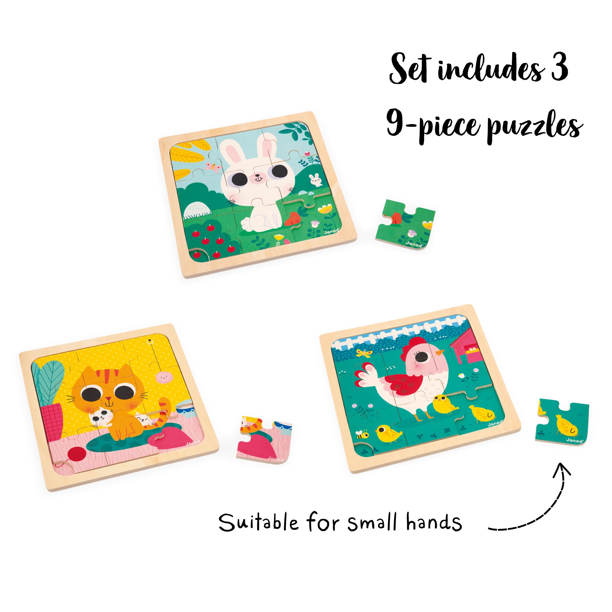 janod-3-puzzles-en-bois-9-pi-ces-animaux-j07113-poule-chat-lapin image 8