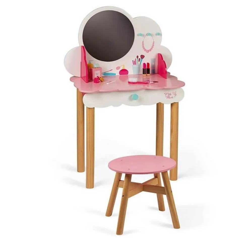 janod-coiffeuse-enfant-bois-p-tite-miss-j06553-rose-et-blanc-tabouret image 1