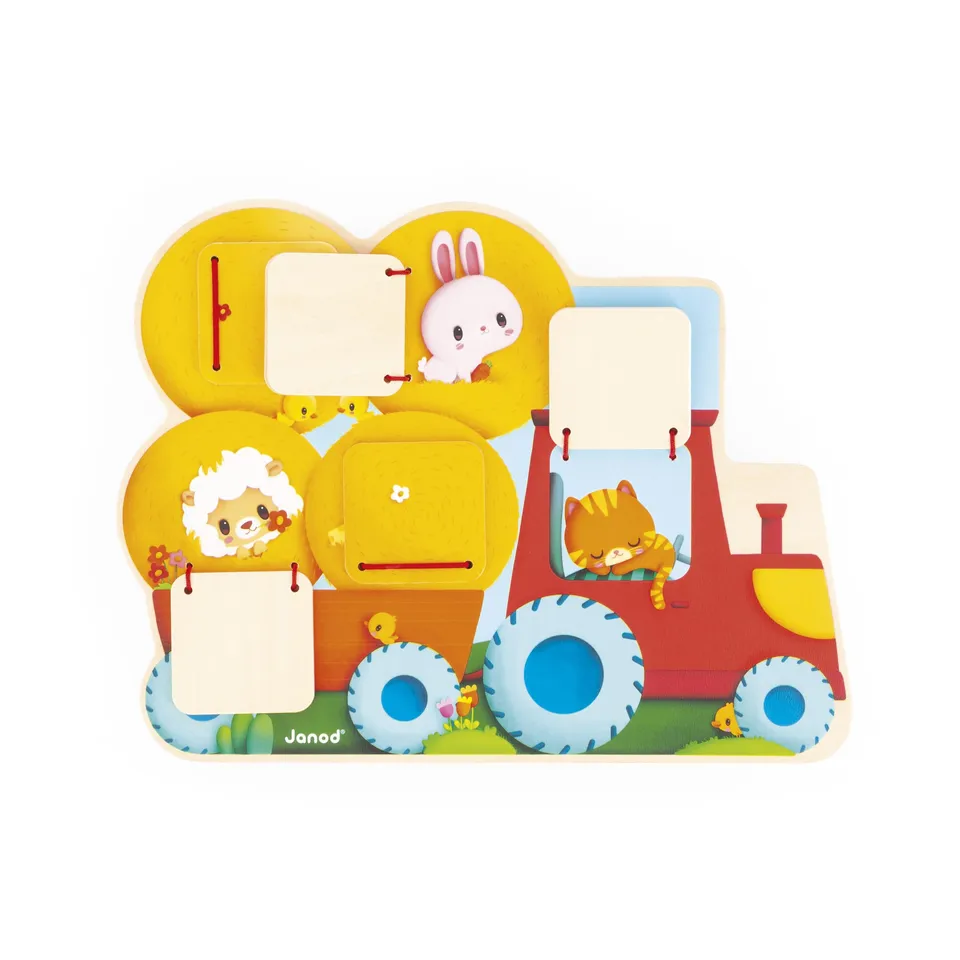 janod-j07128-puzzle-cache-cache-tracteur-en-bois-5-portes-ouvrir-d-s-12-mois image 1