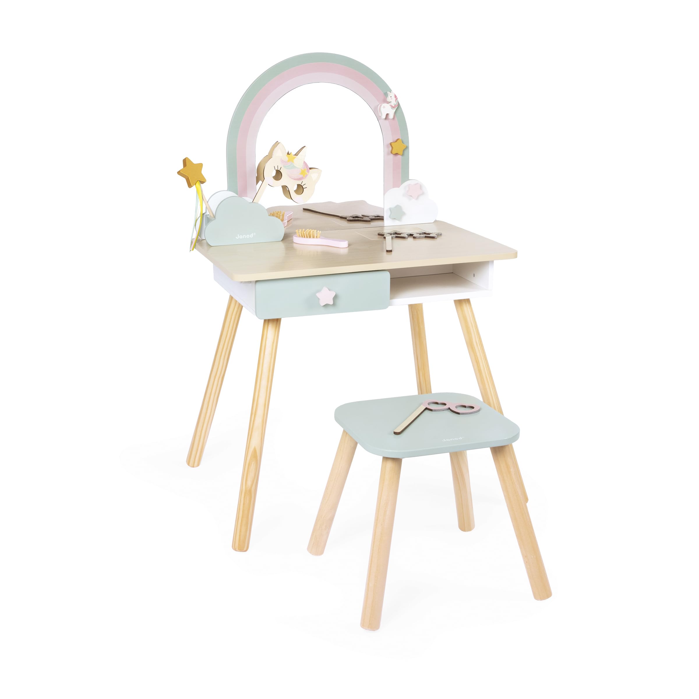 janod-j06464-coiffeuse-enfant-licorne-en-bois-avec-miroir-tabouret-et-10-accesso image 1