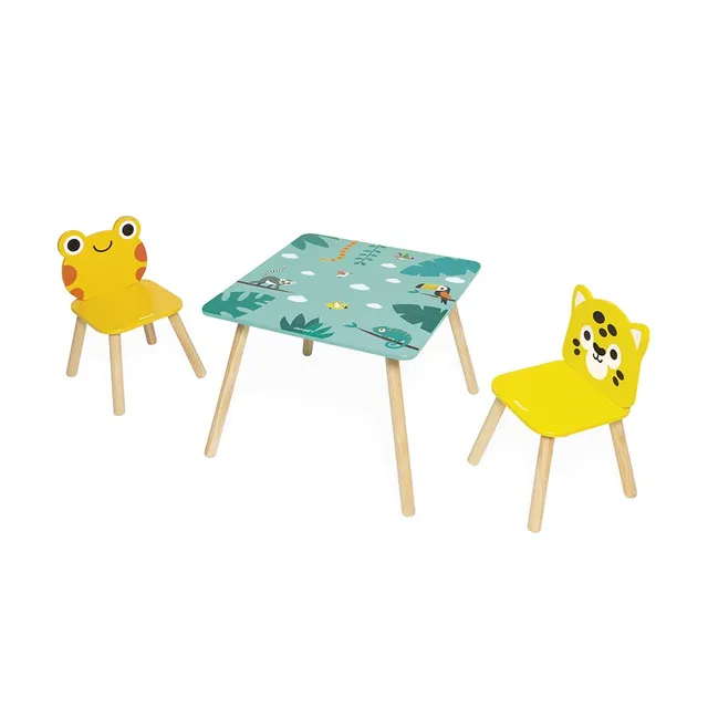 janod-tropik-table-et-2-chaises-en-bois-enfant-grenouille-et-jaguar-j08273 image 1